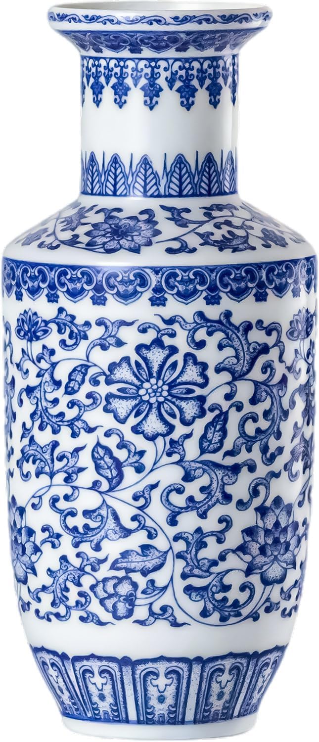 Qinlang 10.5 Inch Blue and White Ceramic Vase, Porcelain Flower Vase for Centerpieces, Decorative Floral Vase for Flowers and Home Decor - Bottle Shaped
