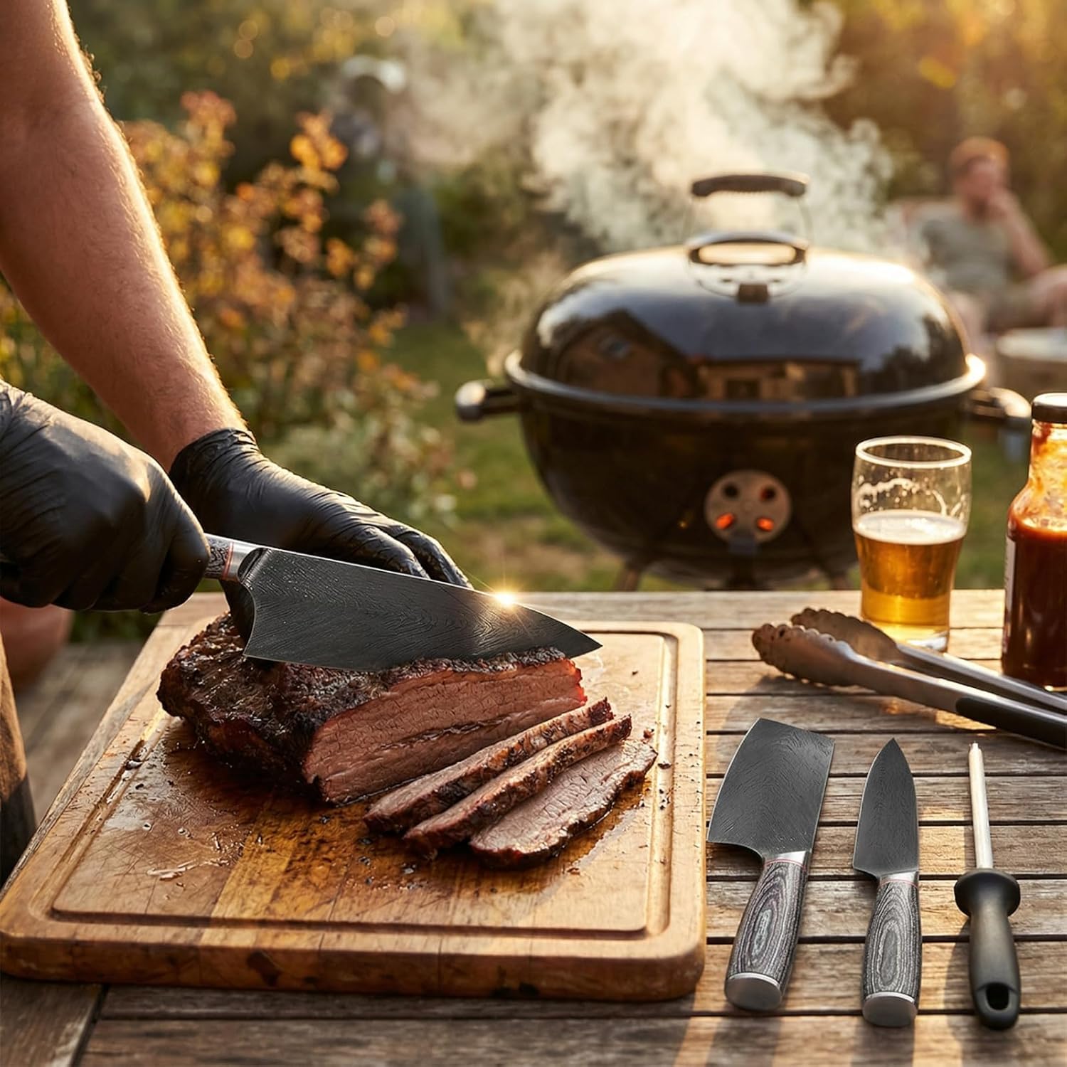 KOFERY Hand Forged Damascus Chef Knife Set with Roll Bag and Sharpener - Ideal for Culinary, Camping and BBQ(Iron-Grey Handle)