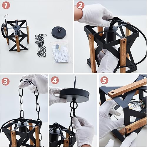 Miniatura 9 de Qgiytp Small Rustic Farmhouse Pendant Light Adjustable Chains 1-Light Mini Industrial Metal and Wood Hanging Light Fixture Black Cage Chandelier for