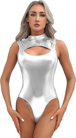 Lejafay Womens Shiny Metallic Spandex One Piece High Cut Thong Leotard Catsuit Gymnastics Bodysuit
