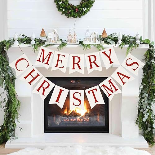 Vista 5 de GCQQ Pancarta de Feliz Navidad - Guirnaldas de Pancarta de Arpillera de Navidad Roja y Blanca de 9.8 Pies Pre-enhebrada para Interiores, Pancarta