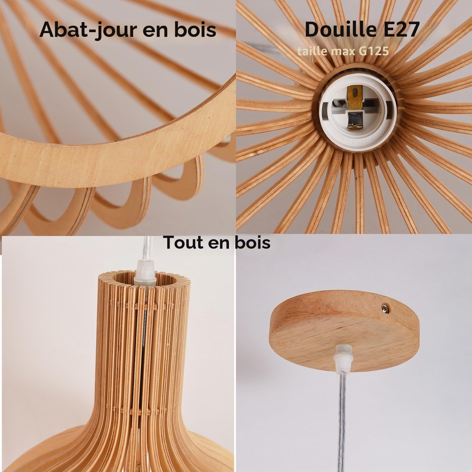 Alpinaluz Suspension de Plafond en Bois E27 D35 cm Abat-jour Sphérique