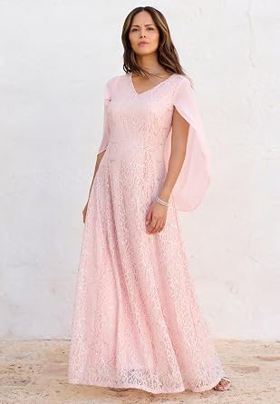 Roaman's Women's Plus Size Plus-Size Allover Lace Gown with Capelet