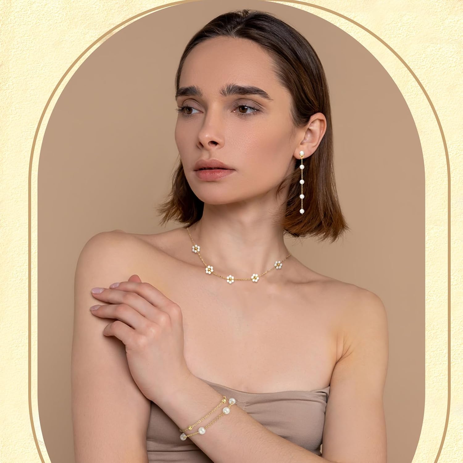 Quelay 9 Pcs Gold Pearl Jewelry Set for Women Includes Gold Plated Pearl Necklace, Drop Earrings, Bracelet for Wedding Bride Jewelry Gift