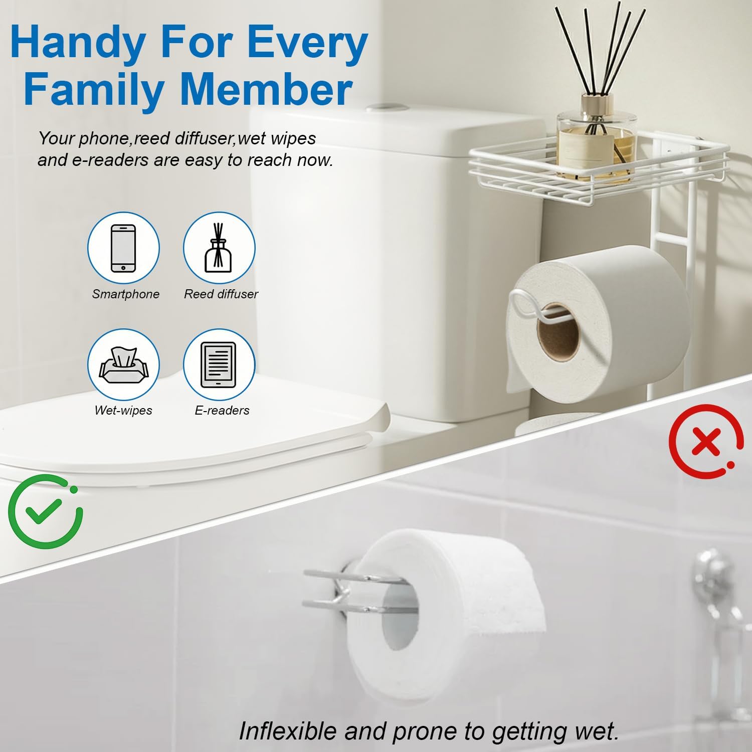 Standing Toilet Paper Storage Rack, Rustproof Metal Stand Up Toilet-Paper Roll Holder, Free Standing Tissue Holder for Bathroom, Tissue Holder with Shelf for Wipes & Phone, White