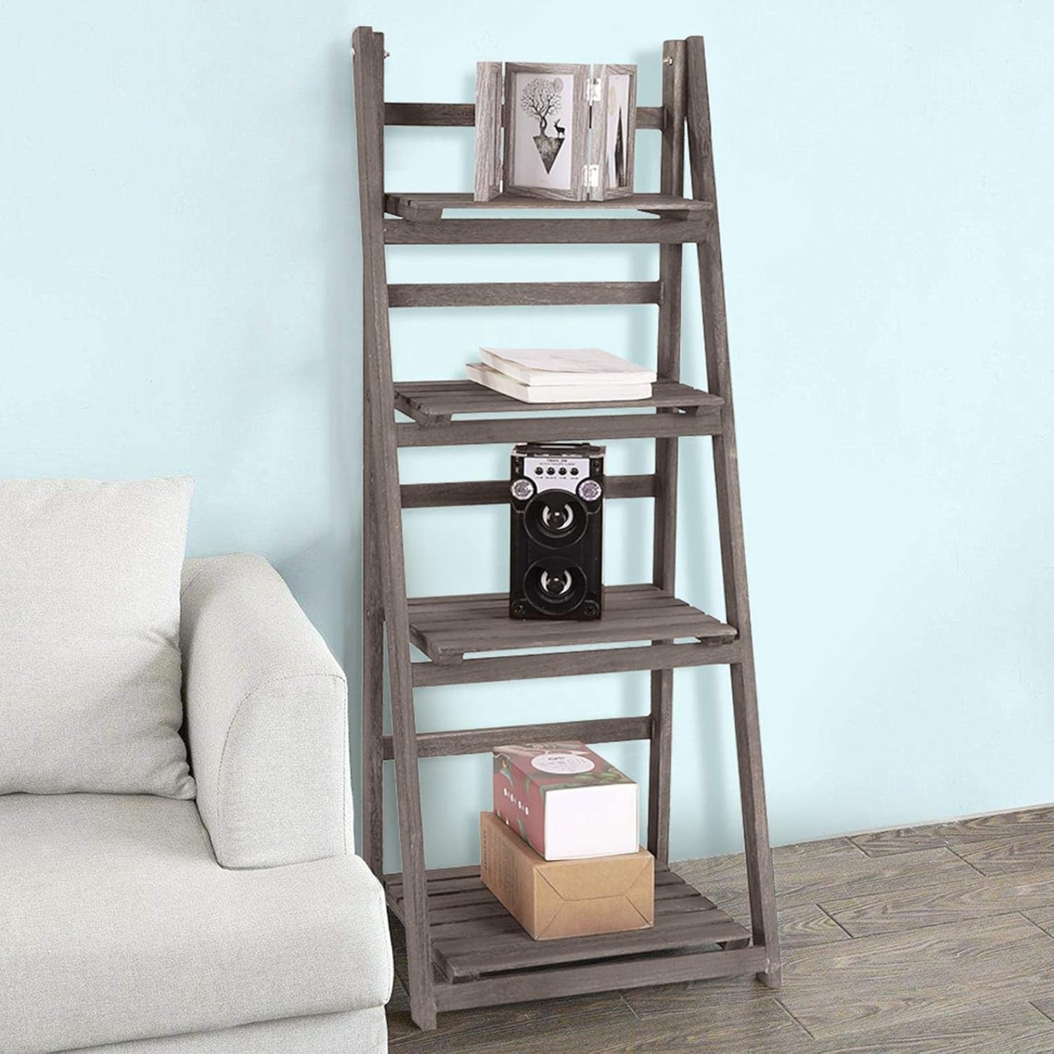 【Ship from USA】 CHSHU Foldable Ladder Shelf Plant Stand Solid Wood Indoor Ladder