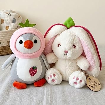 25cm Cute Strawberry Plush Toy Combo for Kids | Penguin & Bunny Soft Toys Set | Ultra Soft Stuffed Animals for Babies & Toddlers | Animal Doll Gift for Boys & Girls