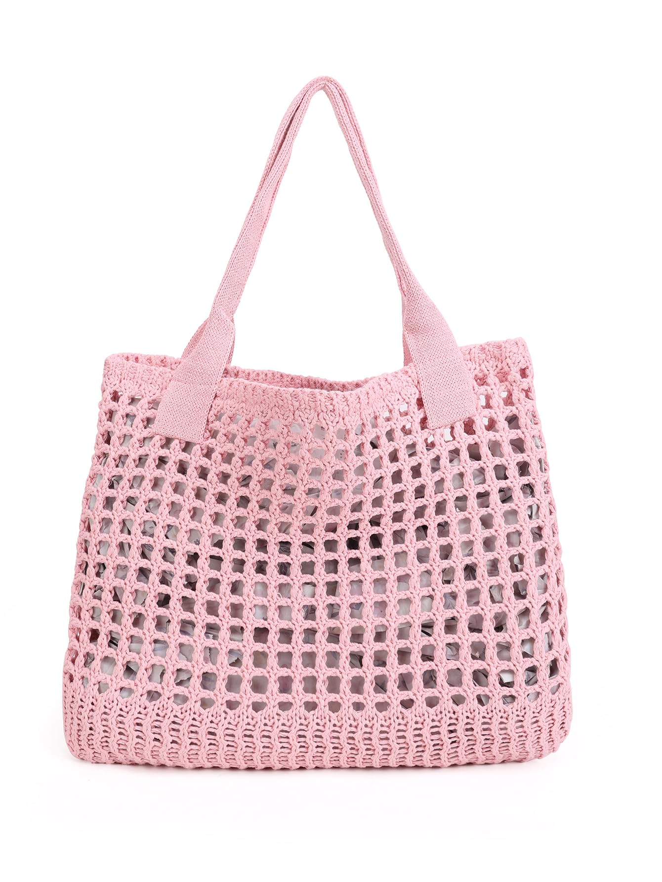 ENBEI Women's Beach Tote Bag, Crocheted Knit Hollow Design, Stylish & Spacious Tote for Beach,Travel,and Everyday Use,Cute Aesthetic Summer Handbag (Pink)