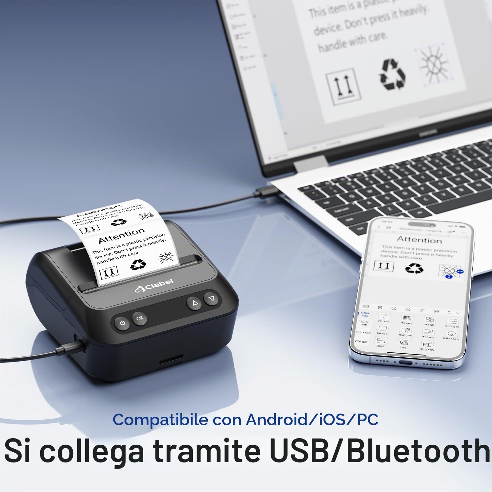 CLABEL 320B Stampante Termica per Etichette Bluetooth, 3" Etichettatrice | Etichette di Terze parti 25-75mm, Stampa offline, iOS Android PC, 2200mAh, Prezzi Codici a Barre Ufficio Negozio Scuola