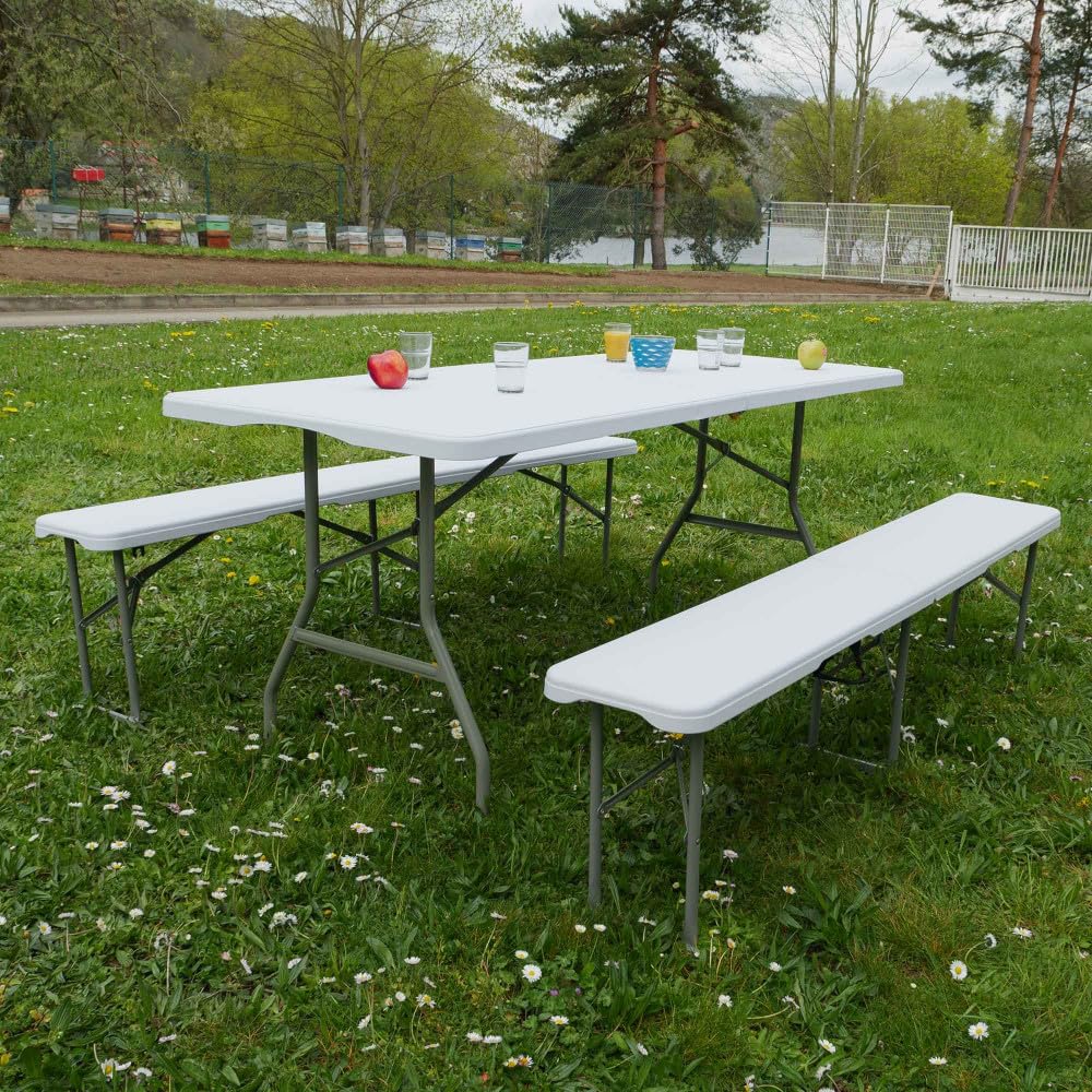 Oxeo Ensemble Table et Bancs de Jardin Pliants - Table Pique-Nique + 2 Bancs Camping - Blanc
