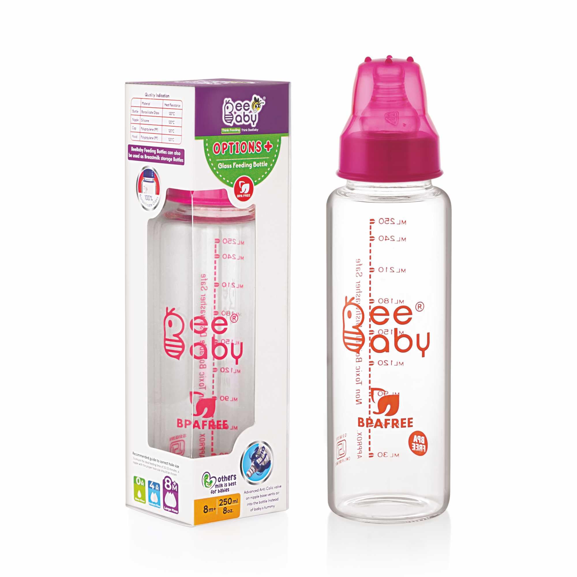 Options+ Glass Feeding Bottle with Anti-Colic Silicone Nipple for Babies, New Borns, Infants.Made of Borosilicate Glass 100% BPA Free (250 ml, Pink, 8M+)