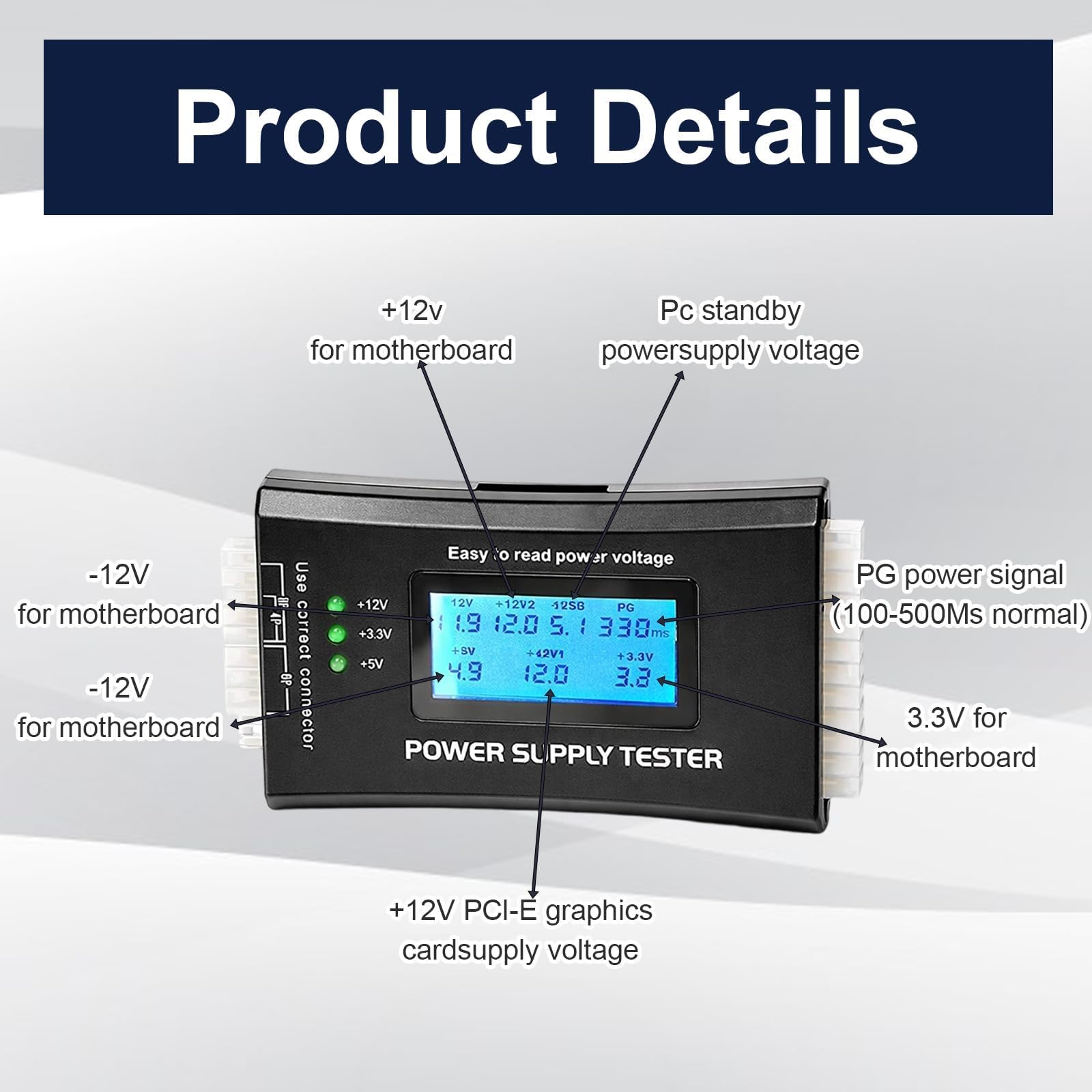 20/24 4/6/8 Pin PC Power Supply Tester, Universal PSU Tester with 1.8” LCD Display for ATX/ITX/IDE/HDD/SATA/BYI Connectors, Desktop Computer Power Check Tool for Maintenance Troubleshooting — view 3