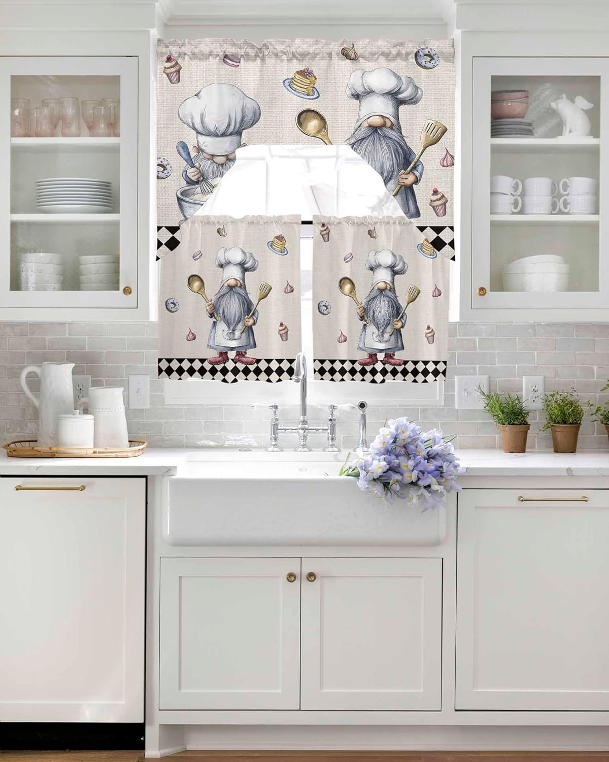 Chef Knife Cook Dessert Swag Kitchen Curtain Sets with Valance,3 Pieces Rod Pocket Curtain Drapes for Bedroom Bathroom Cafe Windows,Rustic Black and White Checkered Plaid 56''x36''&36''x27.5''x2Panels