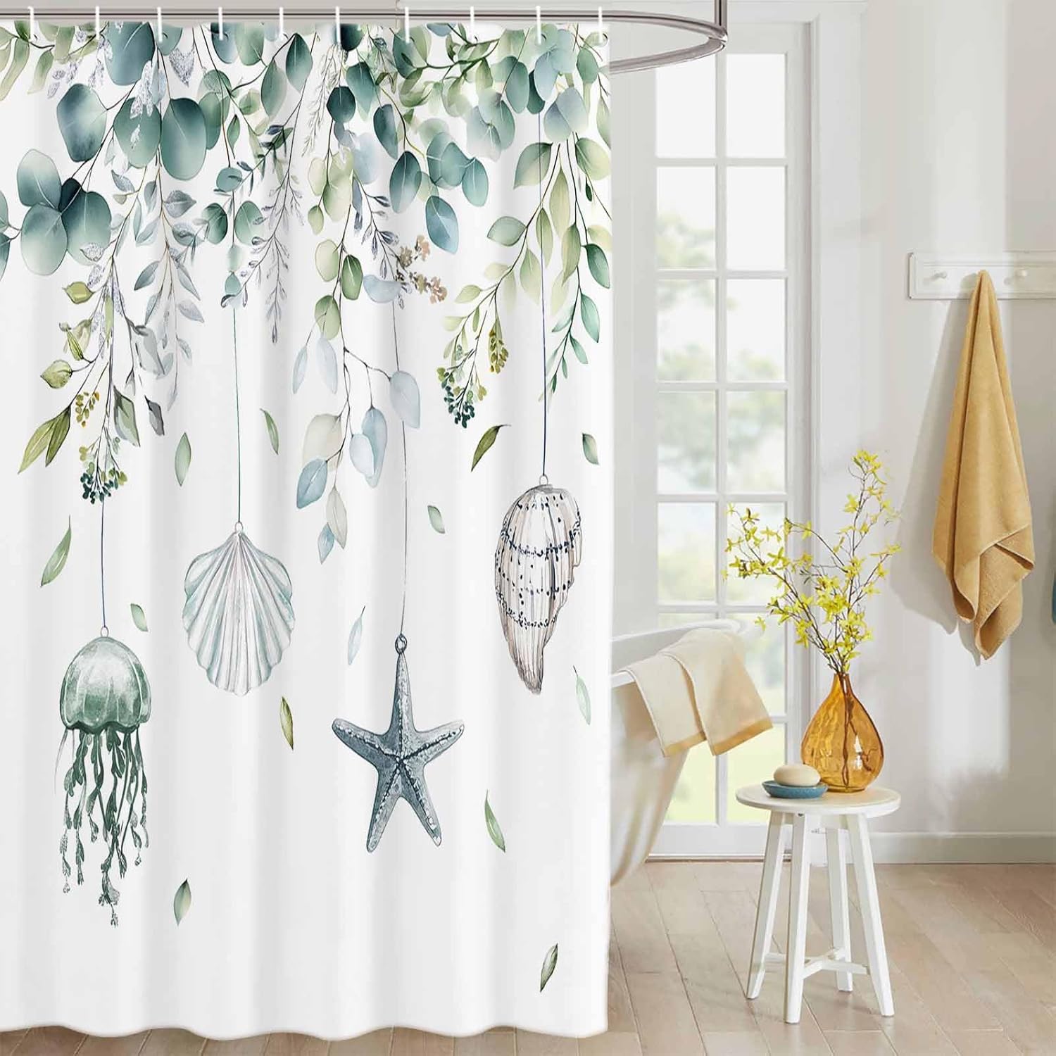 Eucalyptus Leaves Fabric Shower Curtain 72"W x 78"L Ocean Seashell Starfish Jellyfish Shower Curtain for Bathroom with Hooks Waterproof Bath Shower Curtain Sets Decorative Bathroom Accessories