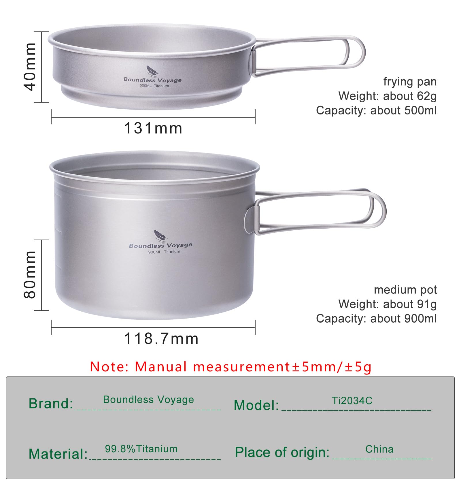 iBasingo Lot de casseroles en Titane avec poignée Pliante en Plein air pour Camping à Soupe - Bol à Frire - Ustensiles de Cuisine Ultra légers - pour Les Voyages, Les Pique-niques, la randonnée