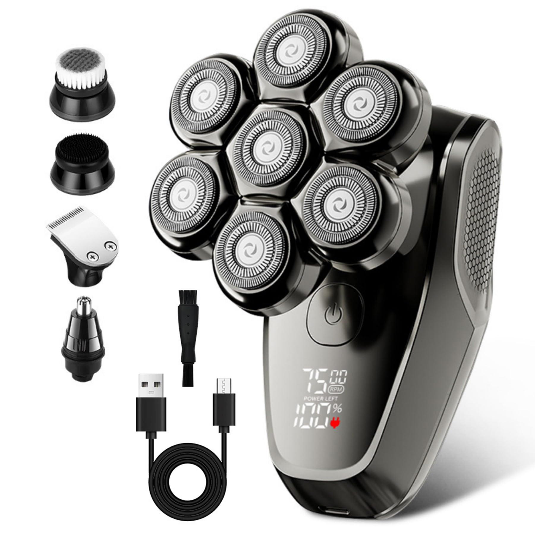 Korons Rasoir Tete Chauve Homme 7D Rasoir Electriques Hommes Tondeuse Crane Chauve IPX6 Étanche Sec & Humide Écran LED (Ensemble Cinq en un)