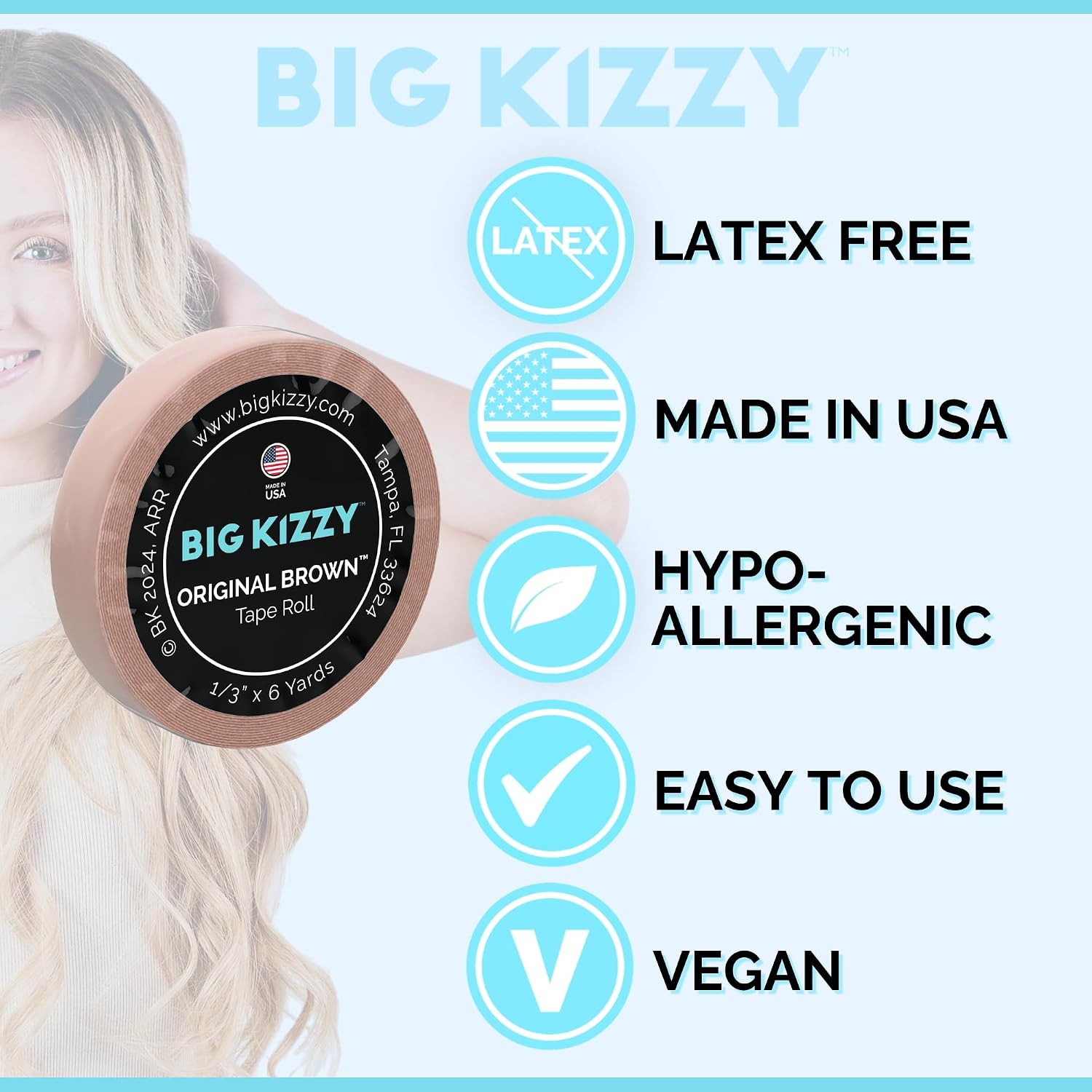 Big Kizzy Double Sided Tape in Hair Extension Tape Roll - Original Brown Tape Roll- .313" x 6 Yards - Natural Hold Brown Replacement Tape, Made in USA, Medical Grade Adhesive image 3