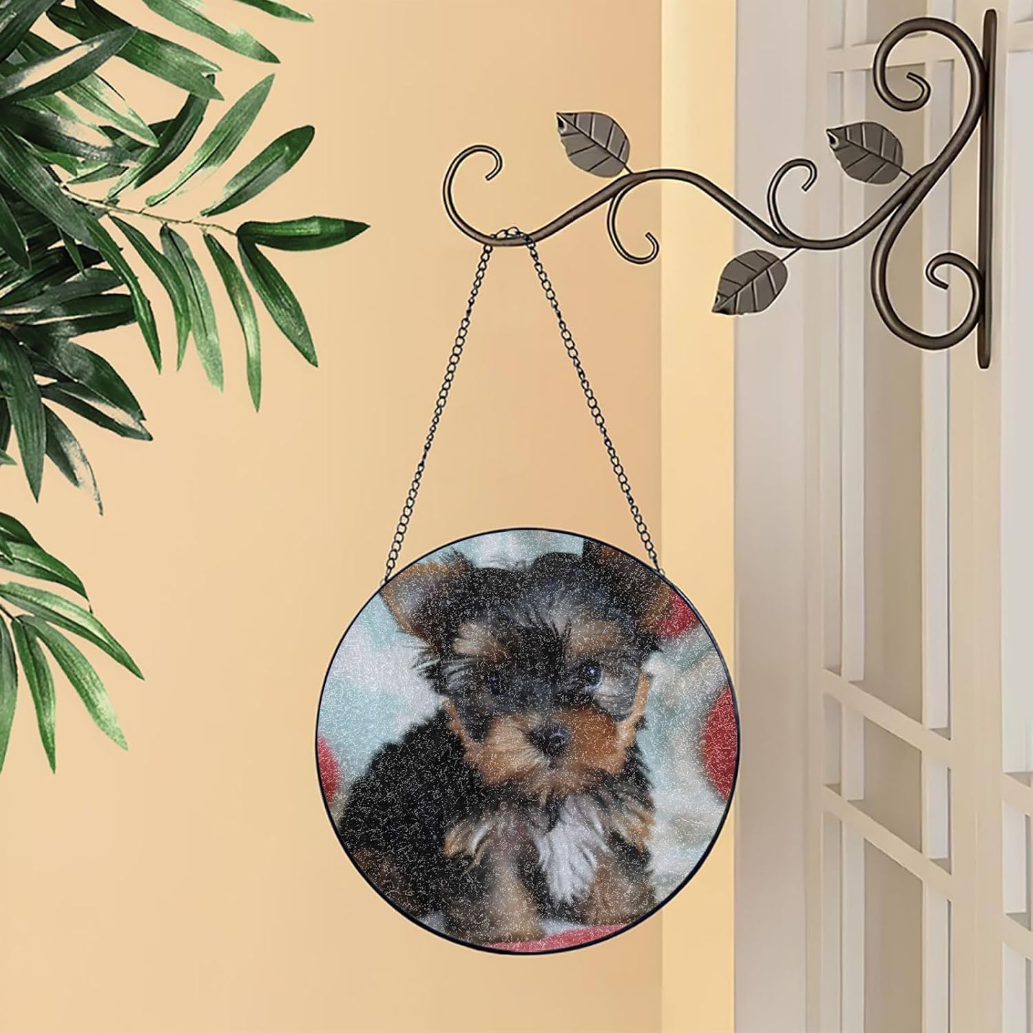 Stained Glass Window Hanging 10in Window Suncatcher Glass Panel with Metal Chain Yorkie Puppy Sun Catchers Wall Art Home Decor Gift for Women Mother's Day