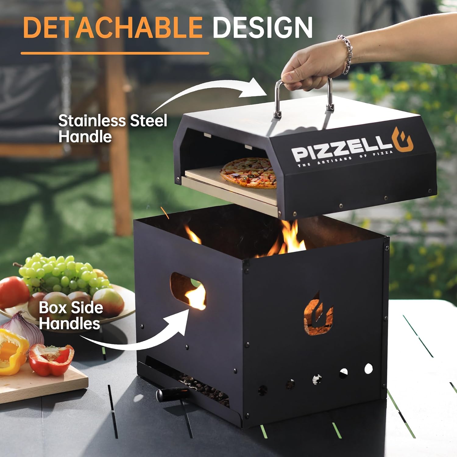 PIZZELLO 12 Inch Outdoor Pizza Oven 4 in 1 Multifunction Wood Fired Ovens w/Pizza Stone, Pizza Peel, Pizza Cutter, Oven Cover, Grill Grate, 2-Layer Pizza Oven for Outside, Pizzello Gusto