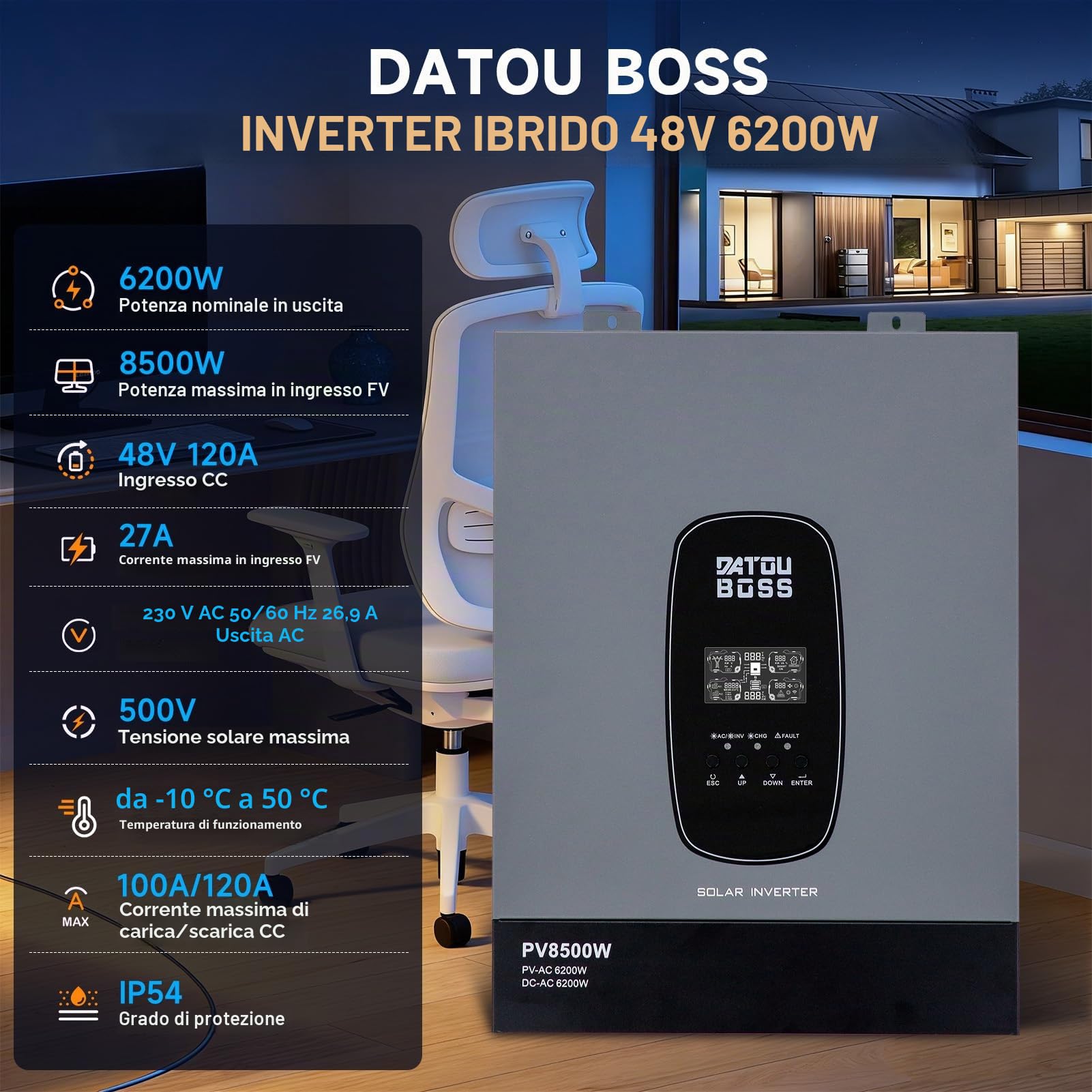DATOUBOSS Inverter Ibrido Solare 6200W 48V, MPPT 120A, Onda Sinusoidale Pura, Entrée PV 8500W, Senza Batteria, per Impianto Fotovoltaico Casa, Camper, Backup Energia