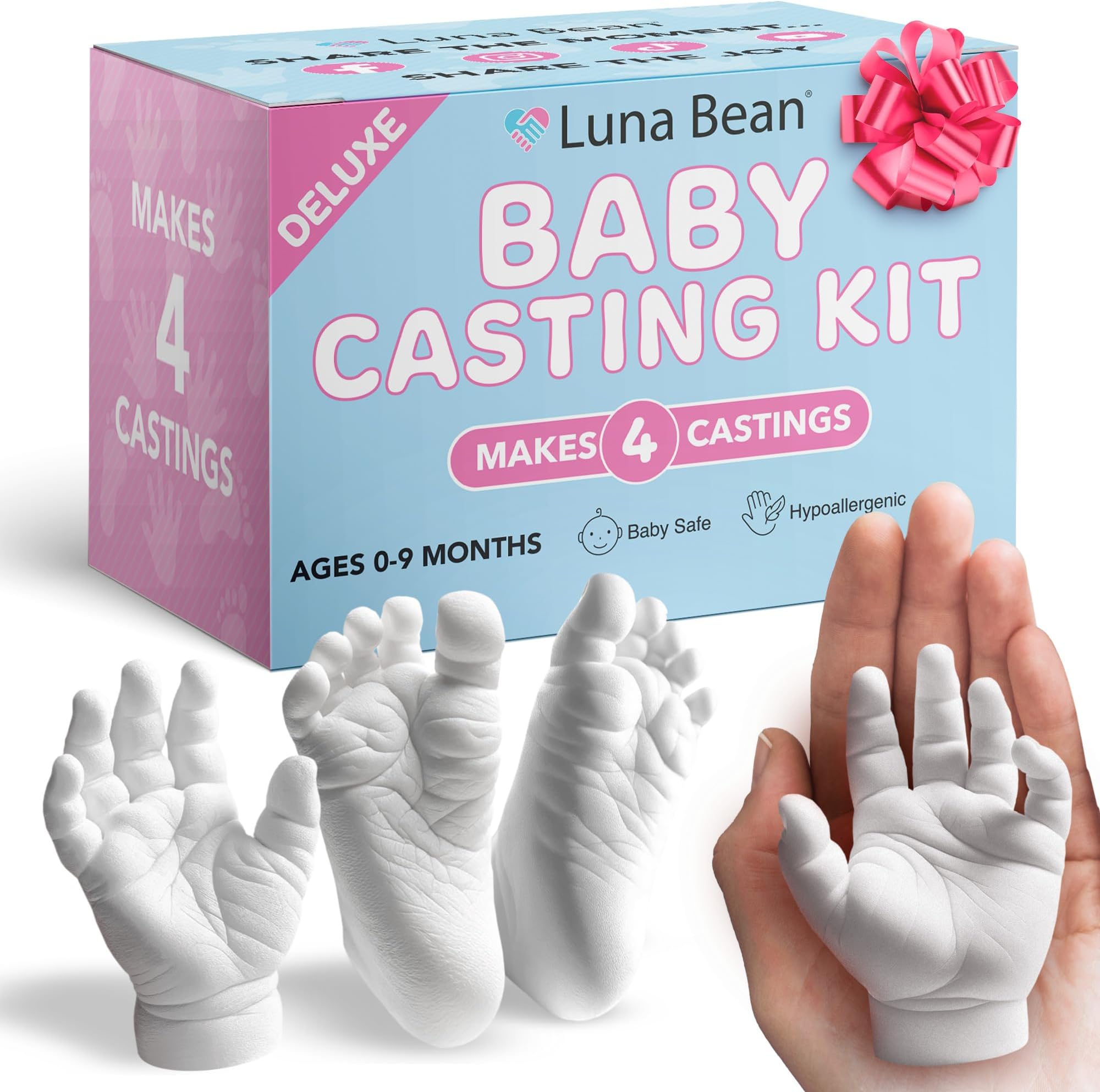 Luna Bean Baby Footprint and Hand Casting Kit (4 Pack) Personalized Baby Gifts for New Mom - Infant Newborn Foot Handprint Keepsake Mom to Be Gift