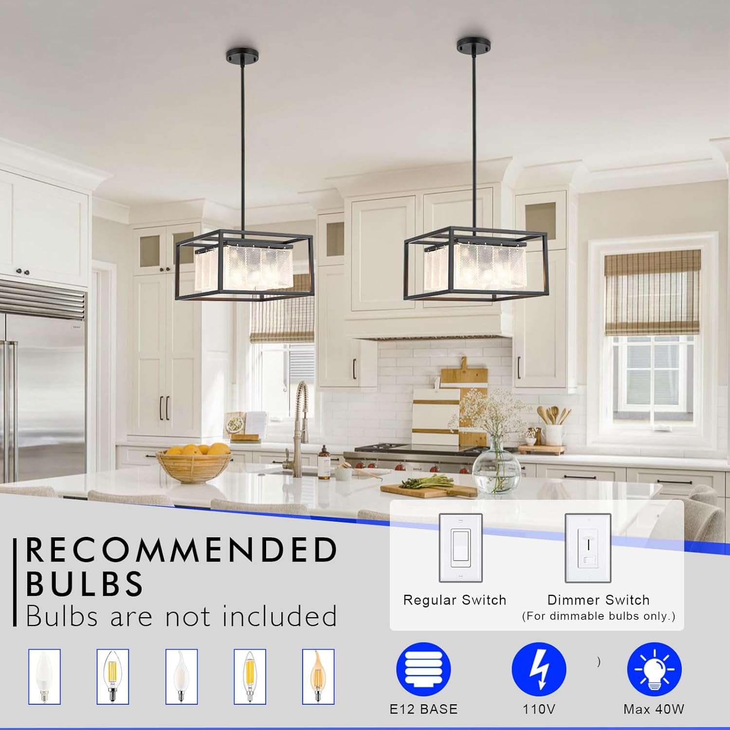 Black Square Kitchen Island Chandelier, Modern Linear Chandeliers, Adjustable Height Chandelier for Dining Room, Entryway, Kitchen, Elegant Snow Pattern Light Fixture(4 Lights)