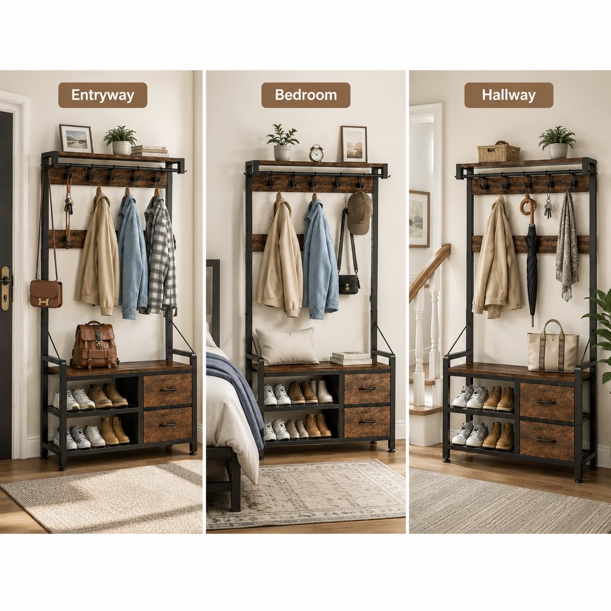 Garderobenständer, Flurgarderobe mit Schuhbank, Garderobe, Schuhaufbewahrung, 2 Schubladen, 17 Haken, Industrie-Design Garderobe mit Sitzbank für Flur, Wohnzimmer 30 x 80 x 180 cm