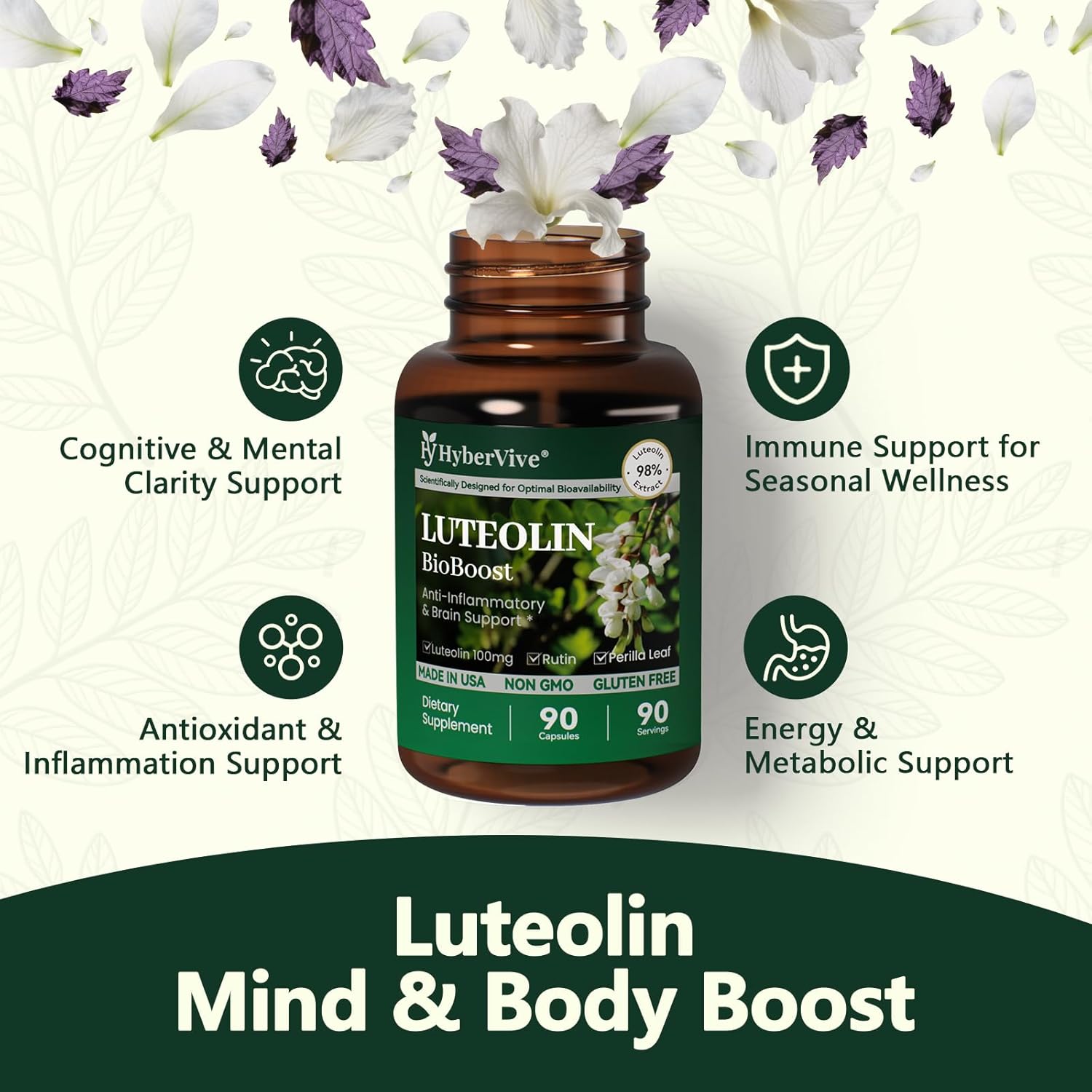 Luteolin Supplement, 98% Ultra-Purity Luteolin Extract – Plant-Based Flavonoid Supplement for Brain Health, Immune Support & Inflammatory Balance – Made in USA, 90 Vegan Capsules - Image 5