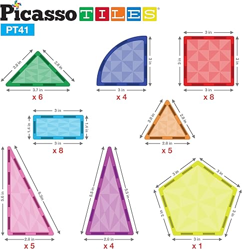 Miniatura 5 de PicassoTiles Juego de 41 azulejos magnéticos + 100 azulejos + 4 figuras de acción familiar, bloques de azulejos magnéticos de prisma, kit de