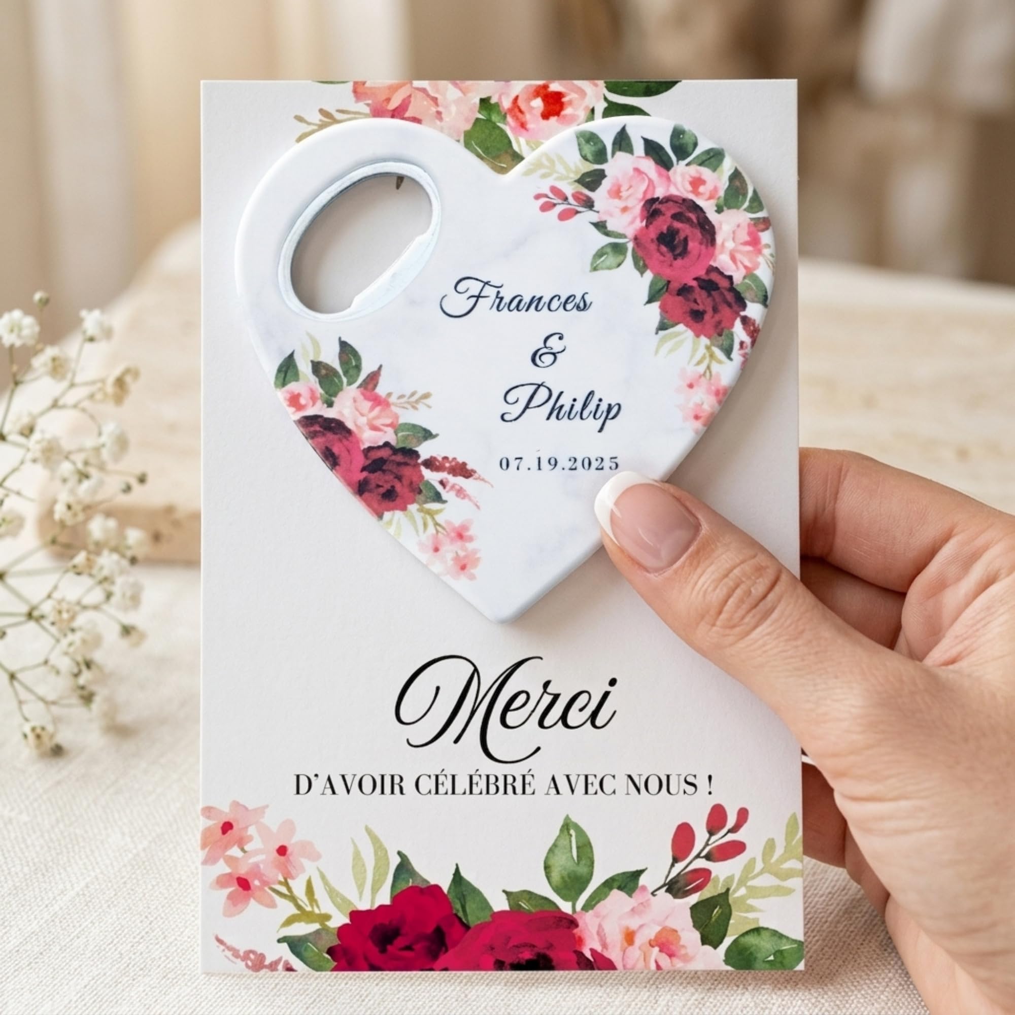 Cadeaux d’invités de mariage personnalisés, ouvre-bouteille aimanté en forme de cœur avec carte de remerciement, cadeau pour invités de bridal shower (lot de 30)
