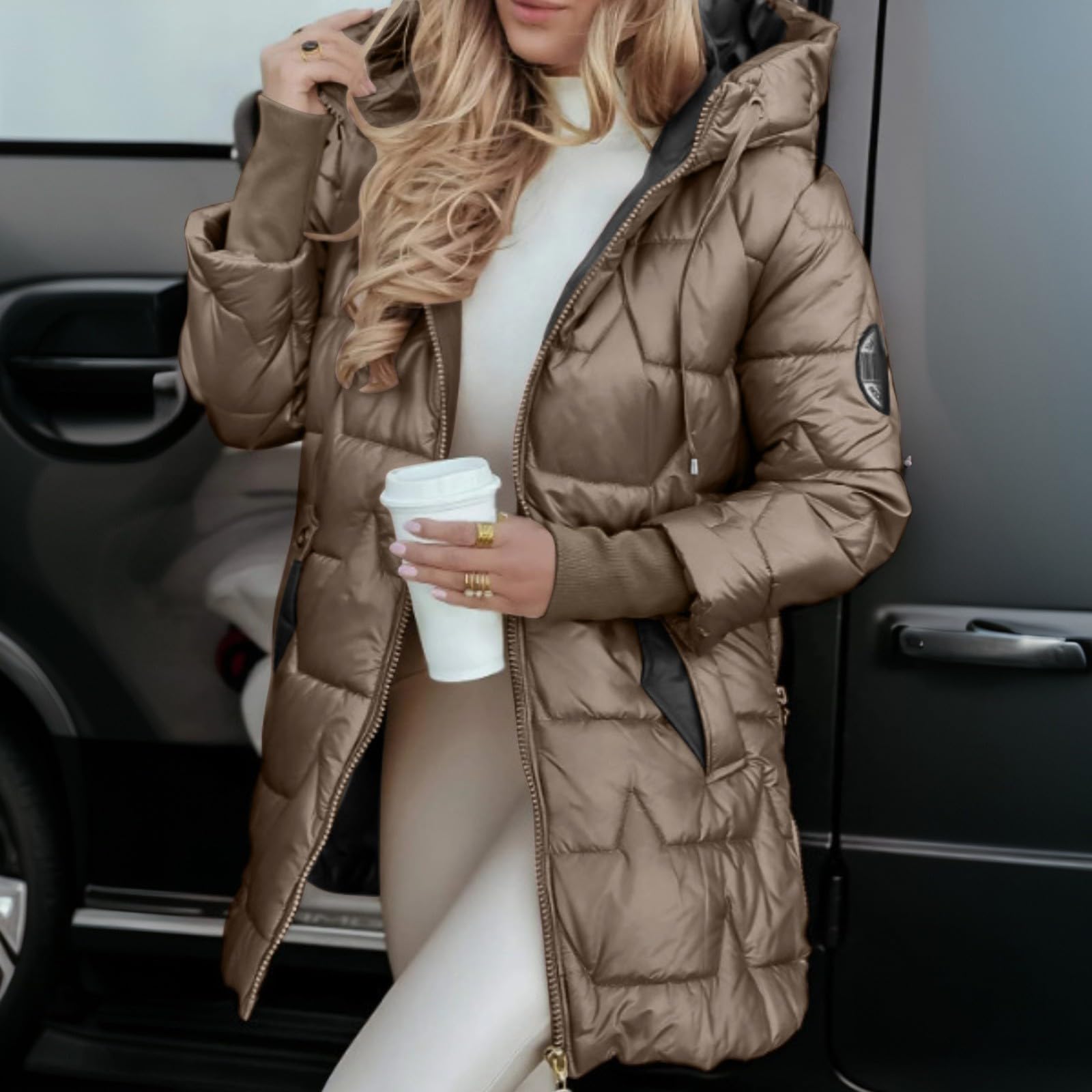 Generico Piumino Invernale di Media Lunghezza da Donna con Cappuccio, Caldo, Taglie Forti Giacca Lunga in Piumino con Cerniera Cappotto Trapuntato Spesso per l'Uso all'Aperto in Inverno