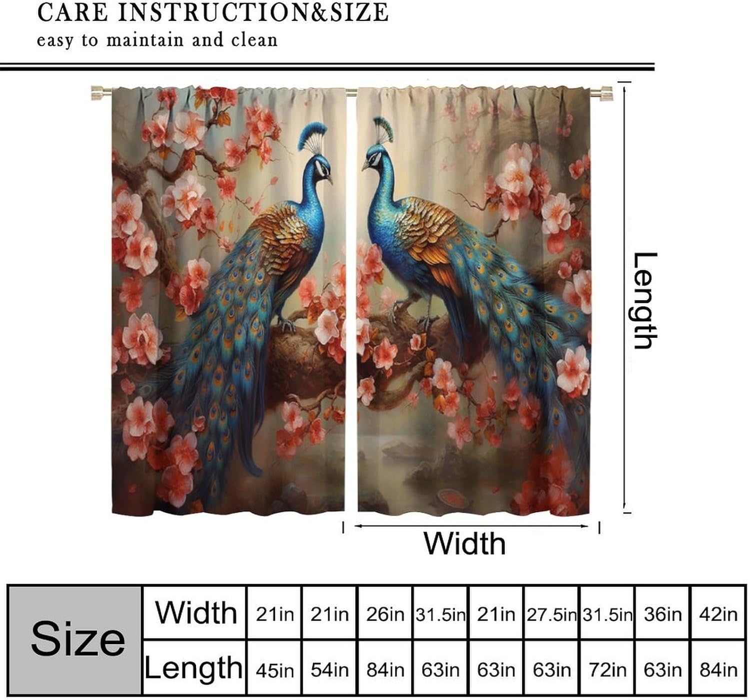 Peacock Blackout Curtains, Blue Beautiful Bird Flower Two Peacocks Floral Plant Scenery Pattern Print Window Drapes, for Living Room Bedroom 42" W X 45" L