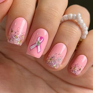Curvlife Press On Nails Medium Square Pink - Breast Cancer Ribbon Press on Nails with Glue, Pink Ribbon Awareness Glitter Glossy Fake Nails Long Lasting False Nail Tips for Women