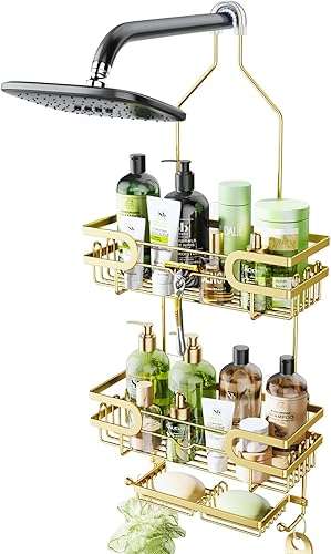 HapiRm Organizador de ducha sobre cabezal de ducha con dos soportes para jabón, organizador de ducha colgante a prueba de óxido e impermeable con 12