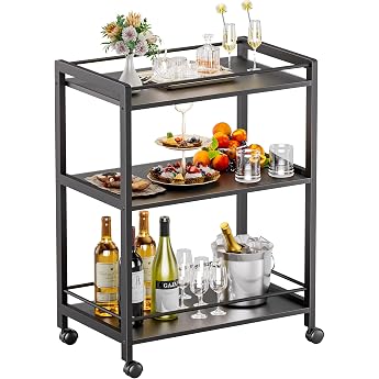 HITNET Serving Trolley with Wheels Bamboo Bar Trolley 3 Levels Freestanding Trolley Kitchen Trolley Drinks Trolley for Kitchen Dining Room Living Room Black