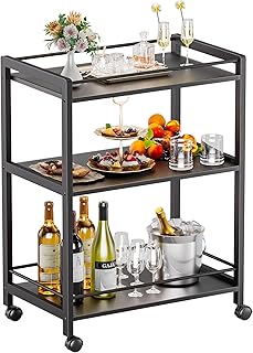 HITNET Carro de Servicio, Carrito de Bebidas con Ruedas,Carrito Auxiliar de 3 Niveles, Carrito de Cocina y Alcohol para Comedor y Sala de Estar, Negro