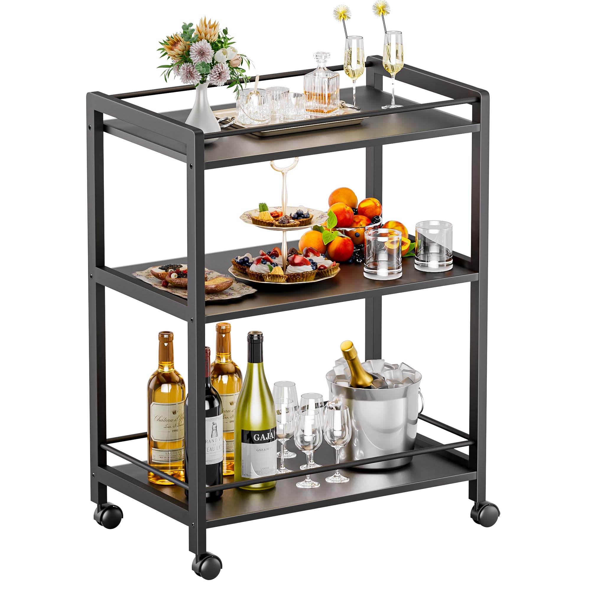 HITNET Carrito de Bar, Carro Bebidas de 3 Niveles, Carrito Auxiliar de Servicio con Ruedas, Ideal para Cocina, Baño y Oficina, Color Negro