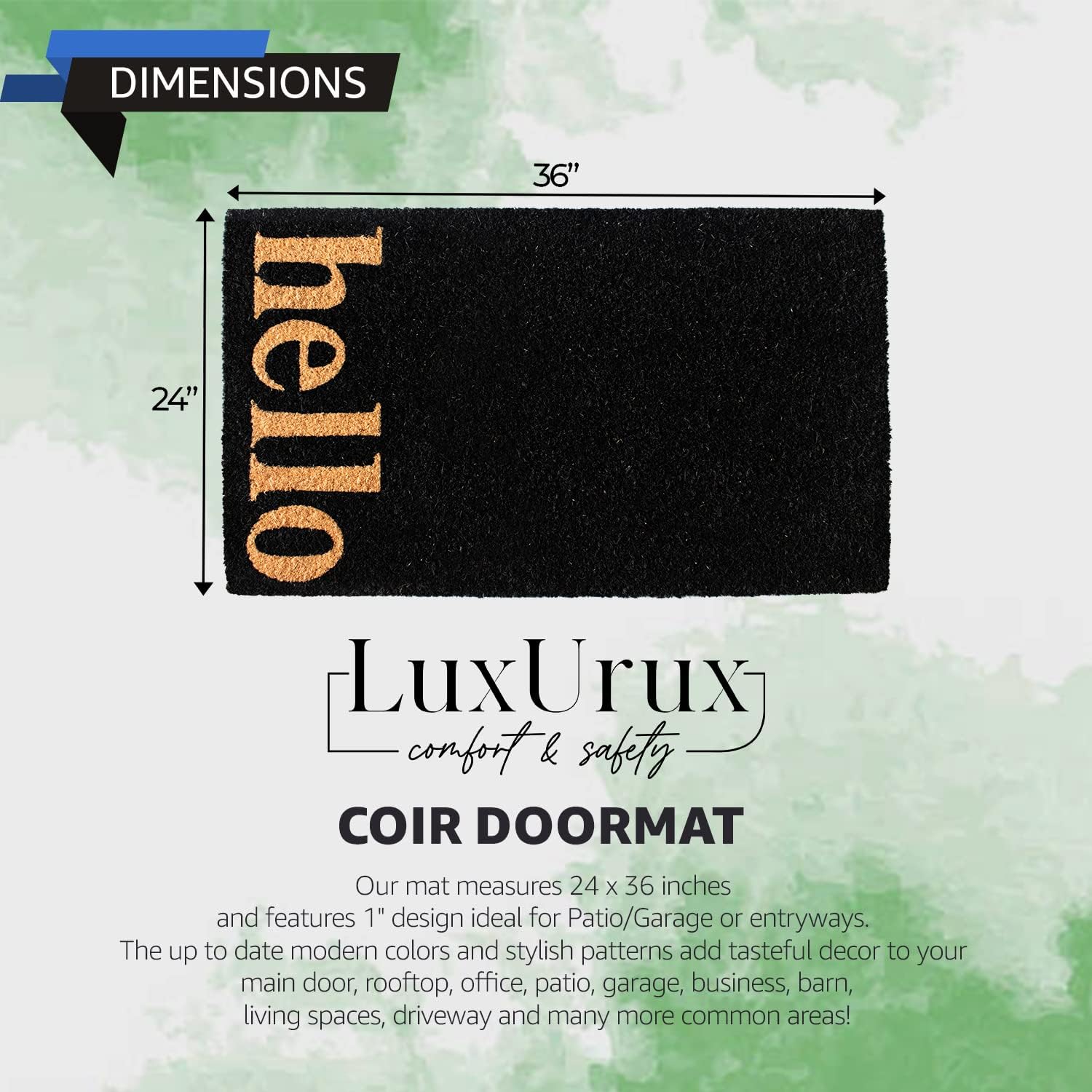 LuxUrux Hello Mats Outdoor Coco Coir Doormat, with Heavy-Duty PVC Backing - Natural - Perfect Color/Sizing for Outdoor/Indoor uses. 24 x 36 Inch