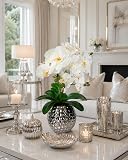 Kunstblumen Orchidee 40cm mit Blätter im Topf Kunstorchidee Künstliche Orchidee Blume Phalaenopsis mit Übertopf Kunstpflanze Hochzeit Deko Seidenblume Real Touch Blüte, rosa/weiß