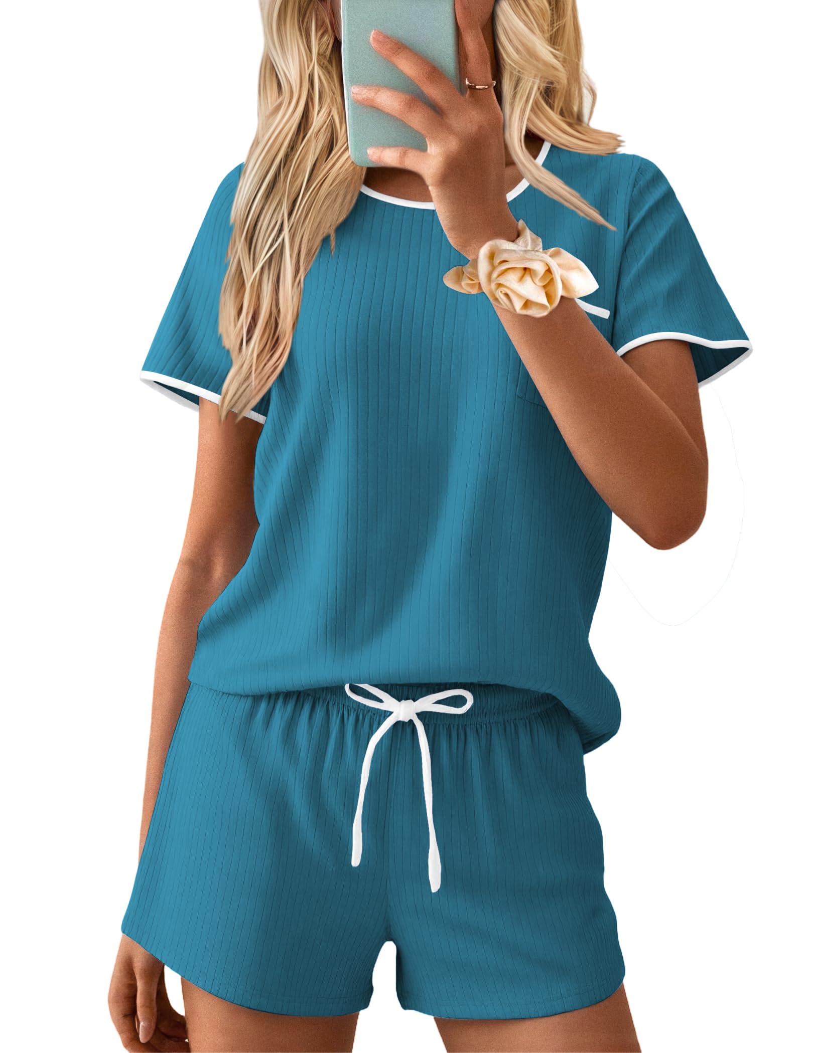 Ekouaer Womens Pajama Set Ribbed Knit Soft Shorts Pjs Summer Sleepwear Two Piece Casual Lounge Sets with Drawstring