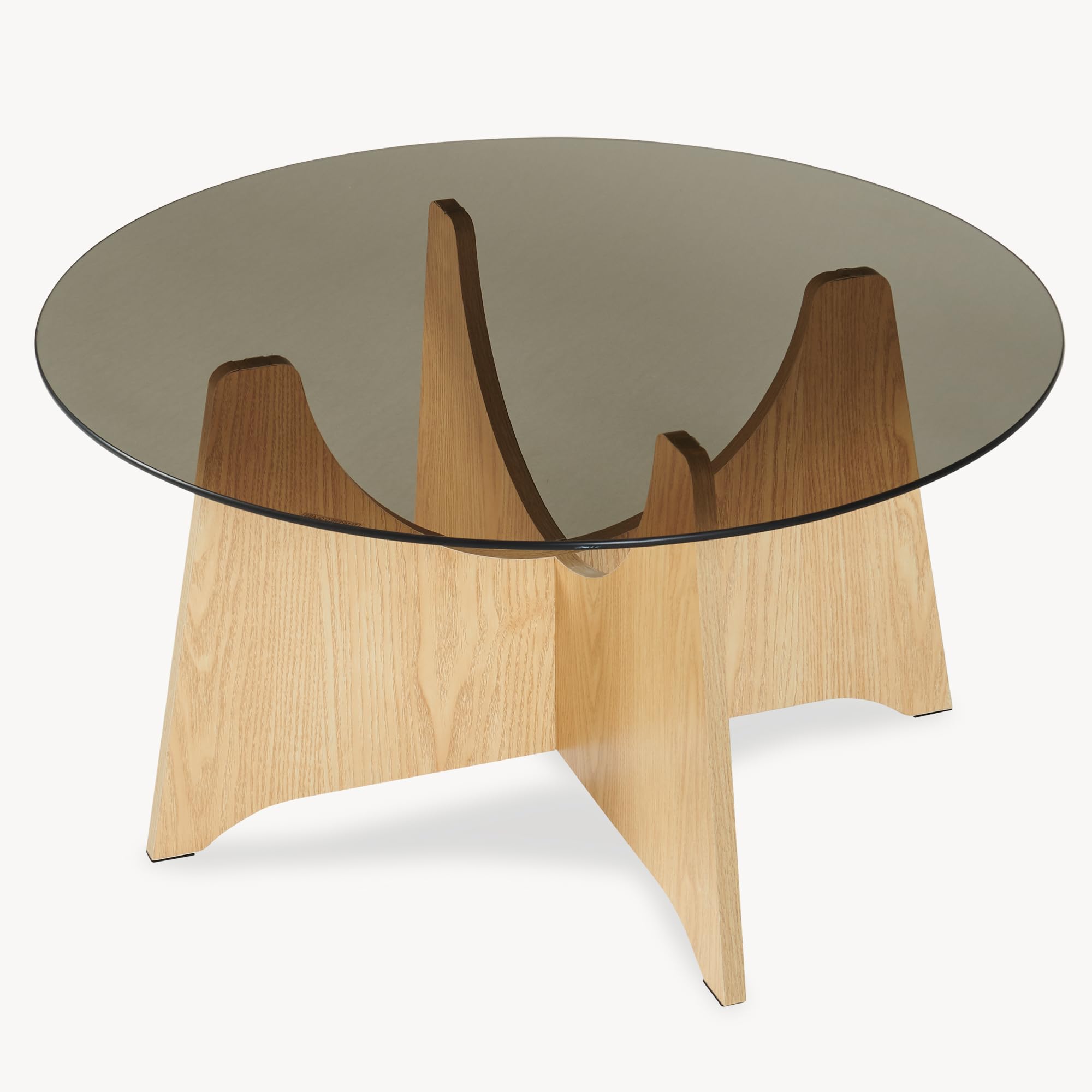[en.casa] Tavolino da Salotto con Piano Rotondo in Vetro Fumé Temperato Tavolo Basso Centrale da Caffè Ø70 x 35 cm per Soggiorno Living Studio - Effetto Rovere/Grigio Fumo