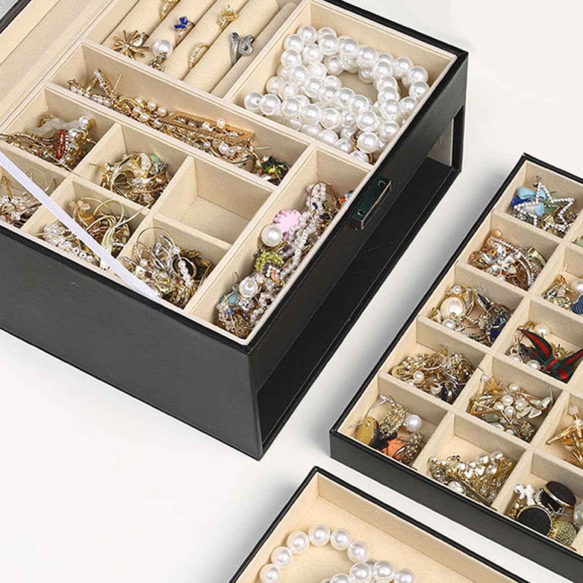 Caja de Joyas de 3 Capas, Organizador de Mesa Negro para Anillos
