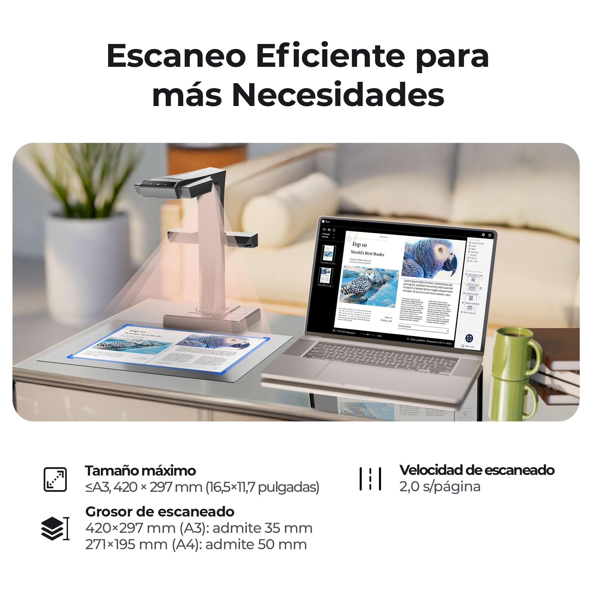 Escáner de Libros CZUR ET16 Plus: escáner Profesional de Documentos A3 con 16 MP, 250 dpi, aplanamiento automático, Ideal para bibliotecas y escuelas. Compatible con HDMI, Windows y macOS