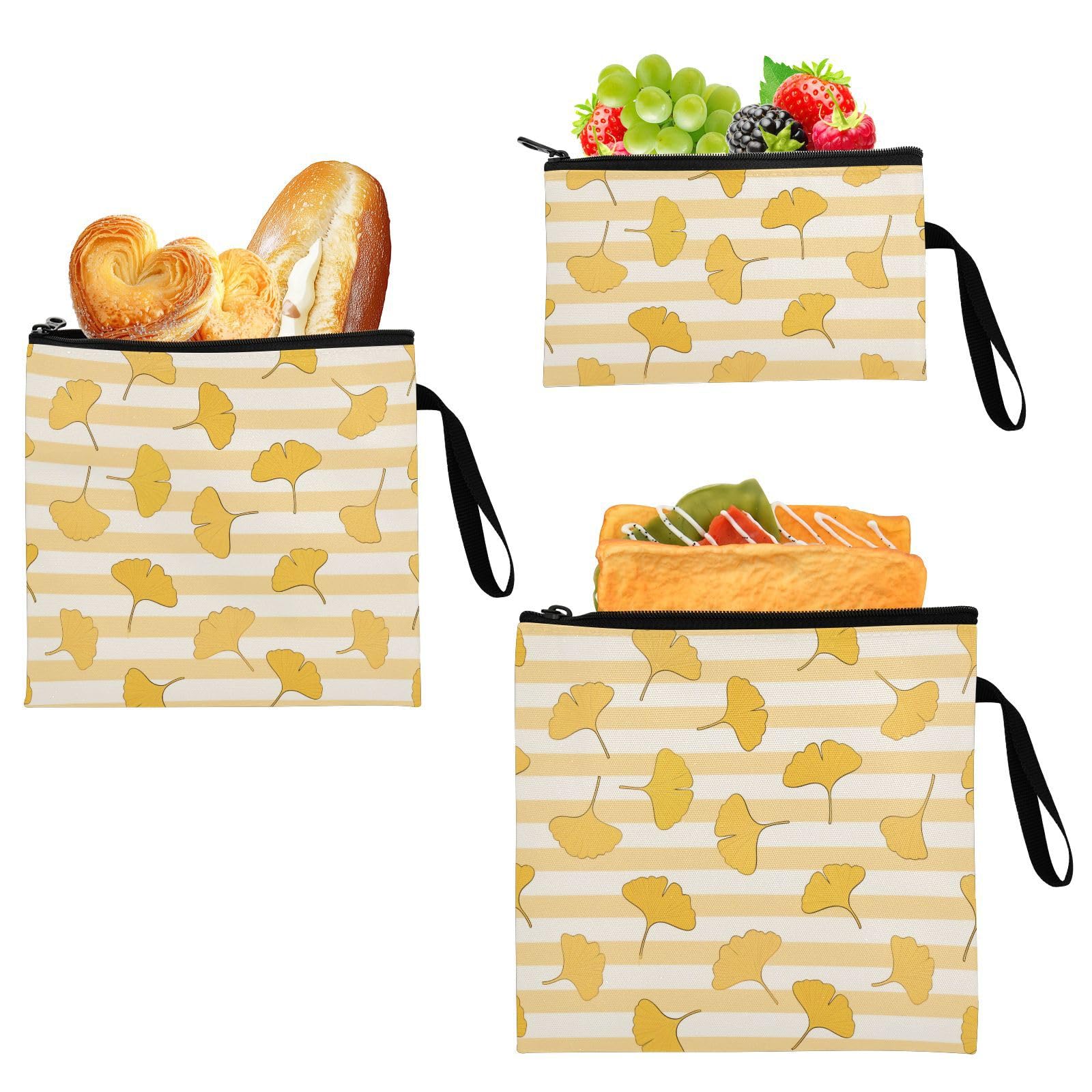 Yellow White Striped Ginkgo Biloba Leaf 3-Pack Reusable Zipper Snack Bags Multi-Use Food-Safe Storage Zipper Bag for Women Girls Trip