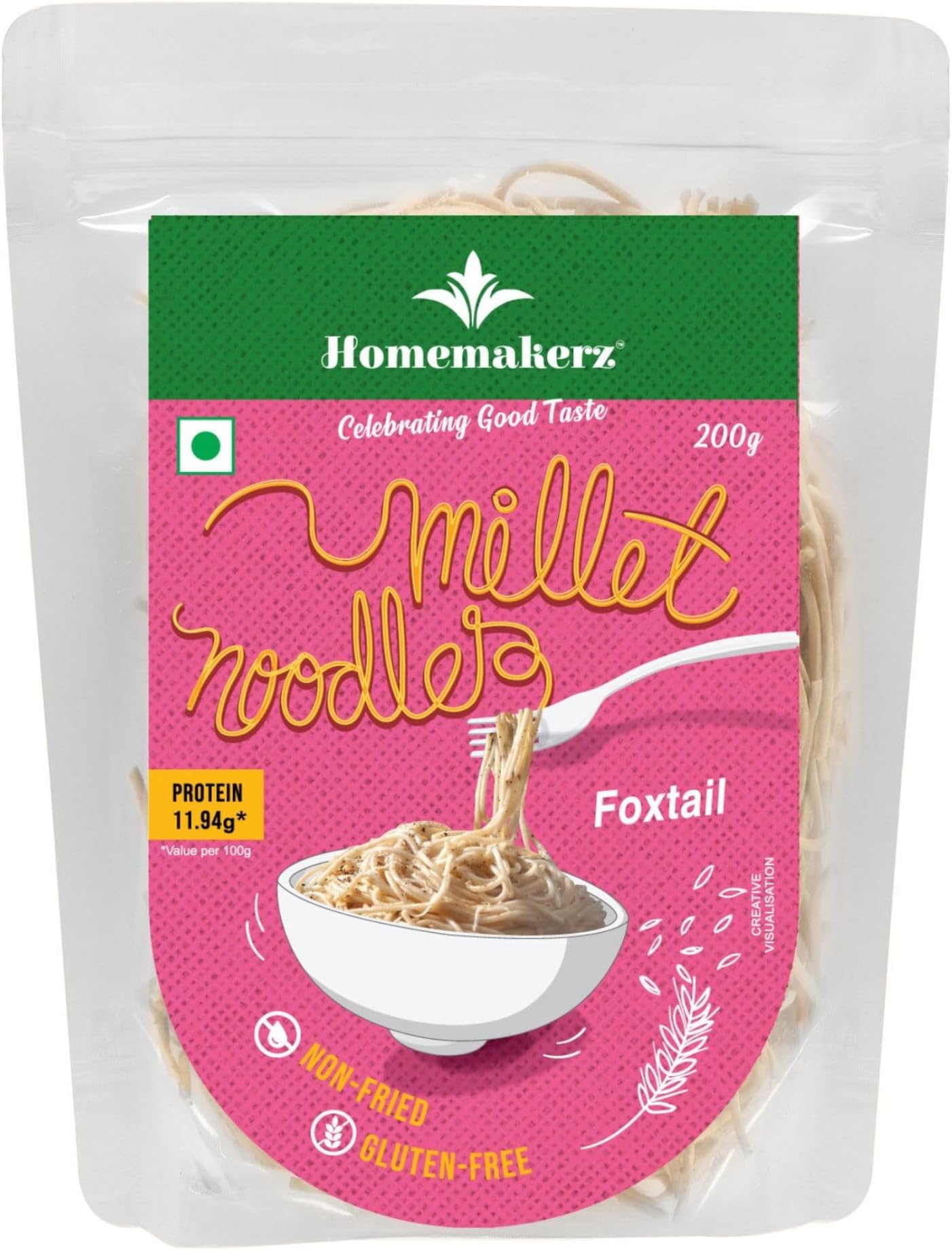- Homemakerz Foxtail Millet Noodles, Natural, Preservative, Gluten & Fat Free, Not Fried & No Oil, Zero Maida & Wheat, Healthy & Tasty Hakka Millet Noodles, 200g