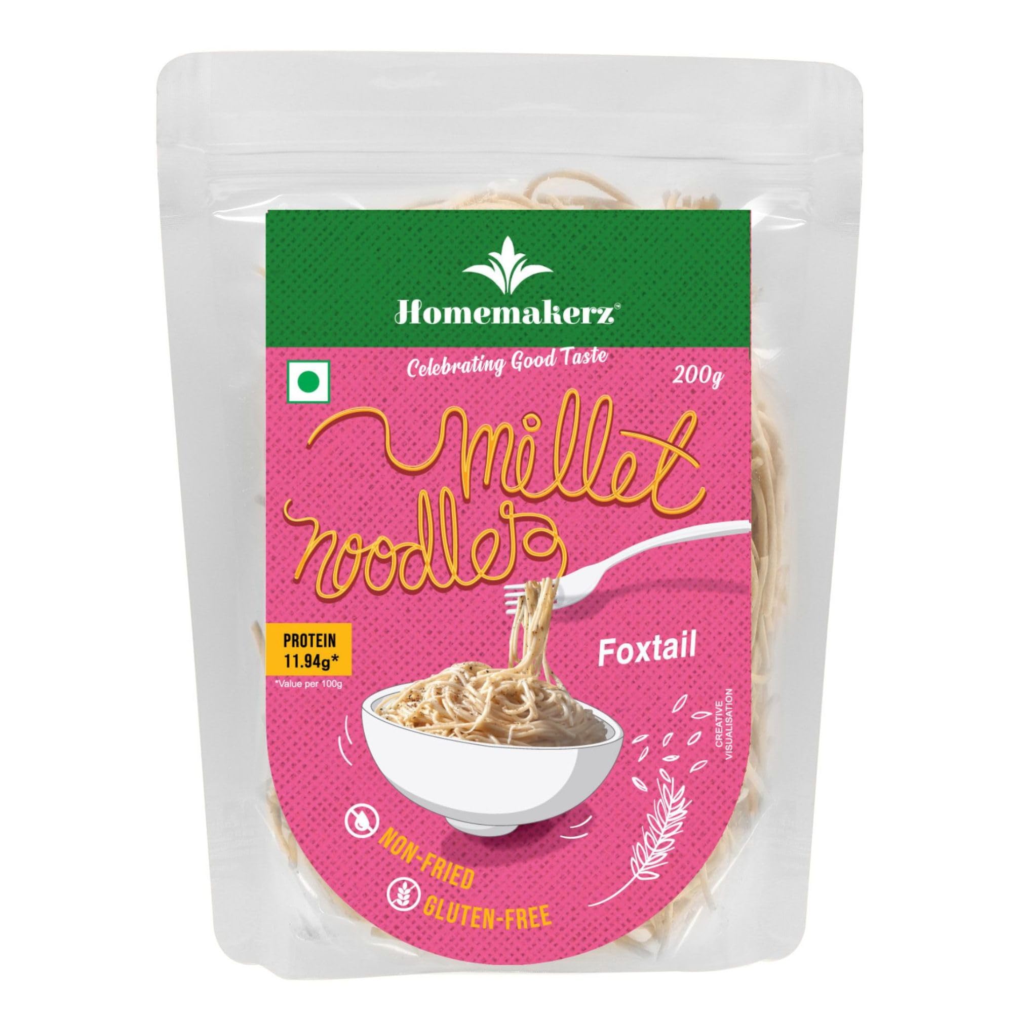 - Homemakerz Foxtail Millet Noodles, Natural, Preservative, Gluten & Fat Free, Not Fried & No Oil, Zero Maida & Wheat, Healthy & Tasty Hakka Millet Noodles, 200g