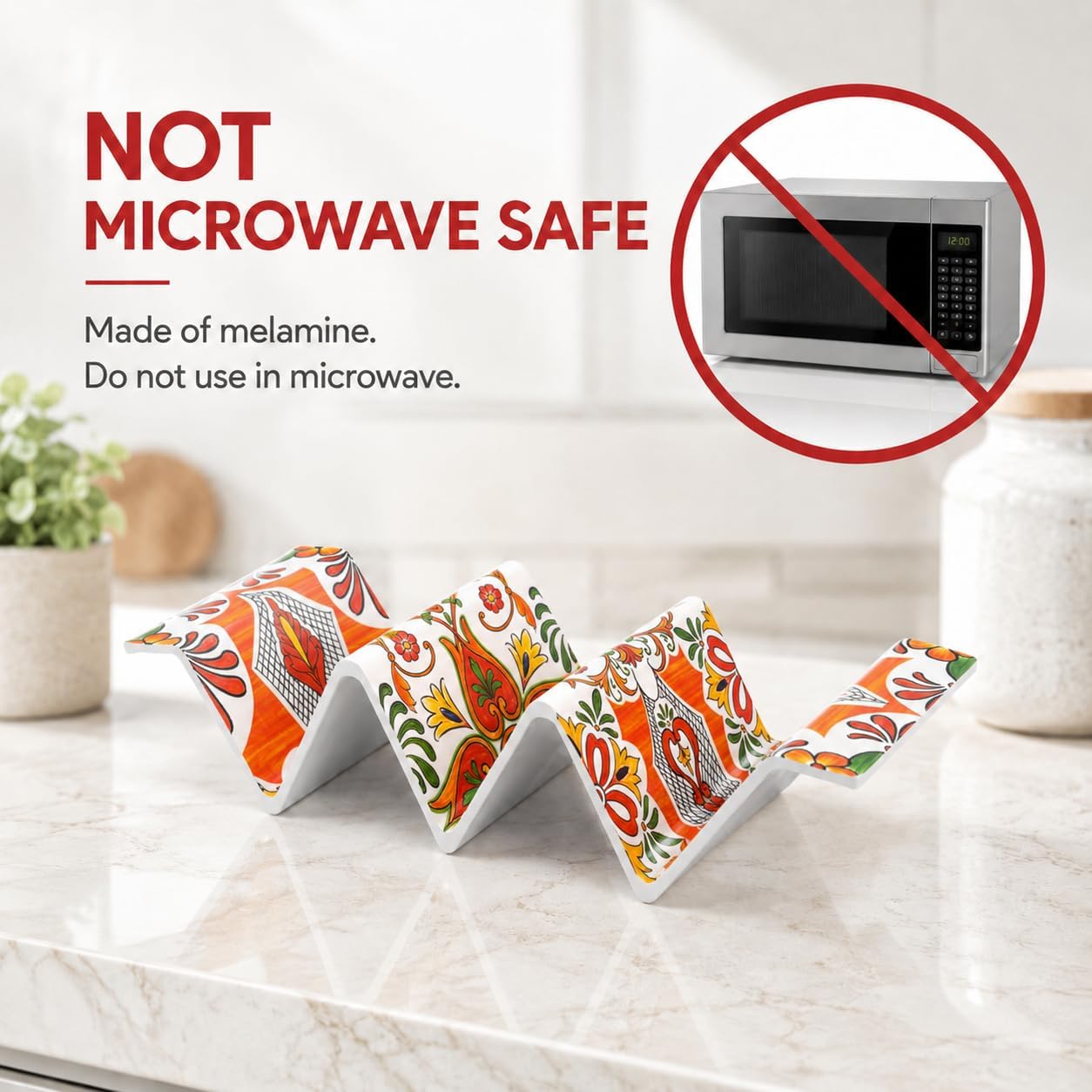 TP Taco Holder Stands, Set of 2 Melamine Large Taco Serving Rack Tray with Handle, Holds 3 Tacos, Dishwasher Safe, Ideal for Taco Night, Party, Home, Fiesta, Talavera Sunset image 3