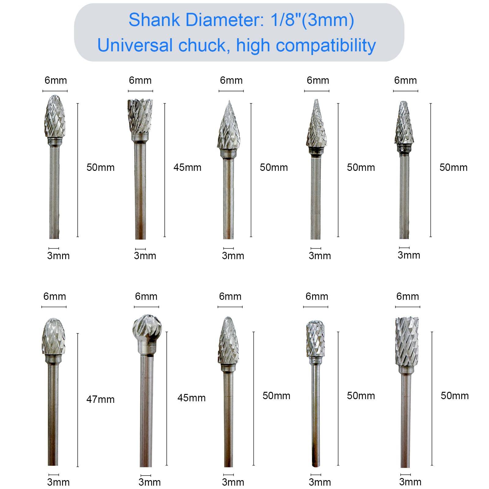 10 Stück Hartmetall Frässtifte mit Doppelschnitt, Wolfram Hartmetall Rotationsfräser mit 1/8" Schaf für DIY-Holzbearbeitung,Bohren,Schnitzen, Gravieren,Metallpolieren