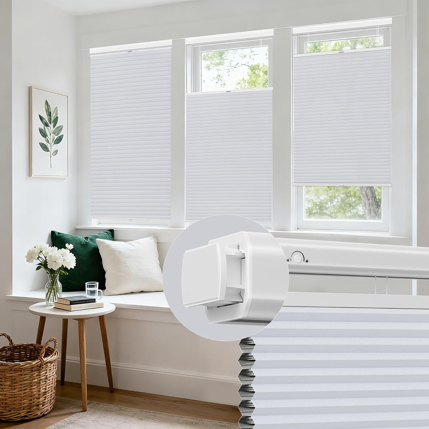 Allesin Zen No Drill No Tools Top Down Bottom Up Cellular Shades,Blackout Cordless Window Blinds for Indoor Windows,Easy to Install Honeycomb Blinds,White(Blackout) 27" Wx64 H