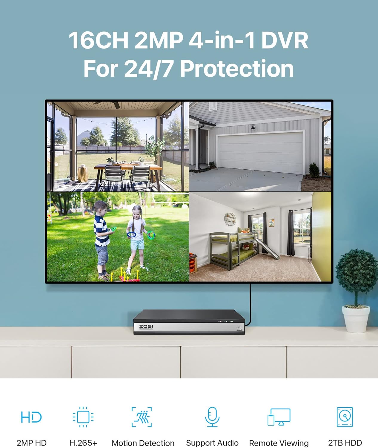 Fеаturеd Prоduсt ZOSI 1080p Lite 16 Channel Security DVR Recorder, H.265+ Hybrid 4-in-1(Analog/AHD/TVI/CVI) CCTV DVR for Security Camera,Motion Detection,Mobile Remote Control,Email Alarm,2TB Hard Drive Included